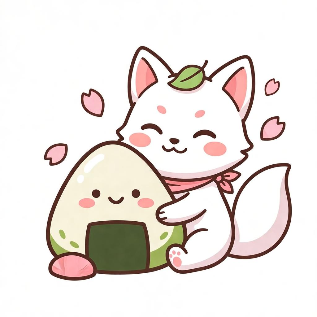 Nari the white fox hugging Gogo the onigiri
